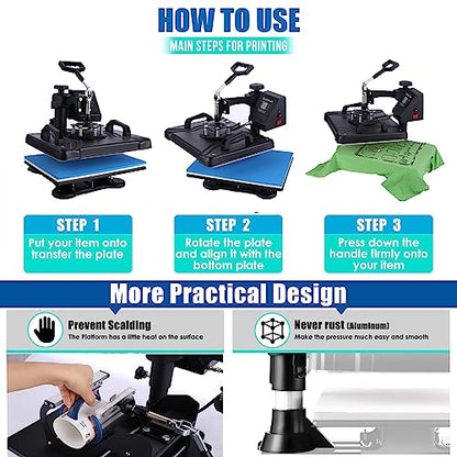 Heat Press Machine for Tshirts, 8 in 1 Heat Transfer Machine, 12" X 15" Digital Industrial Sublimation Heat Printing Combo with 360 Degree Rotation - WoodArtSupply