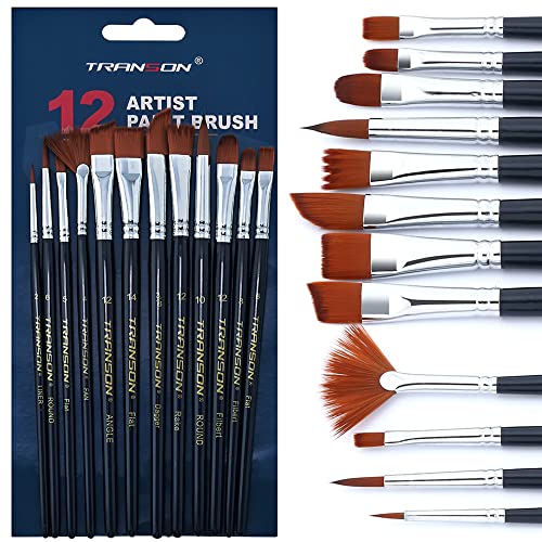 Transon 12pcs Professional Paint Brush Set for Acrylic Watercolor Gouache Ink Rock Craft Face Painting TRANSON