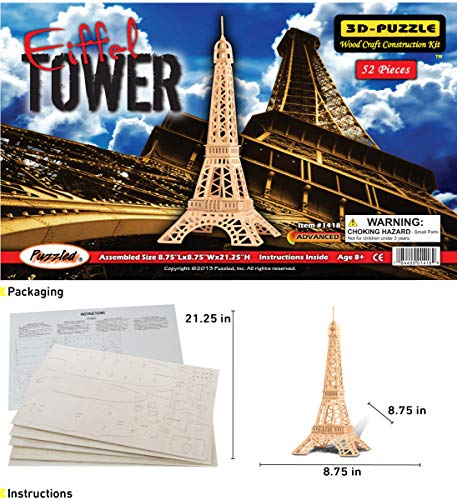 Puzzled 3D Puzzle Eiffel Tower Wood Craft Construction Model Kit,Fun and Educational DIY Wooden Toy Assemble Model Unfinished Crafting Hobby Puzzle - WoodArtSupply