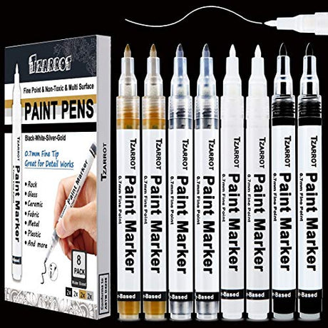 White Paint Pen, 8 Pack 0.7mm Acrylic Paint Pens with 2 White 2 Black 2 Gold 2 Silver Paint Pen Permanent Marker for Wood Rock Fabric Metal Plastic TZARROT