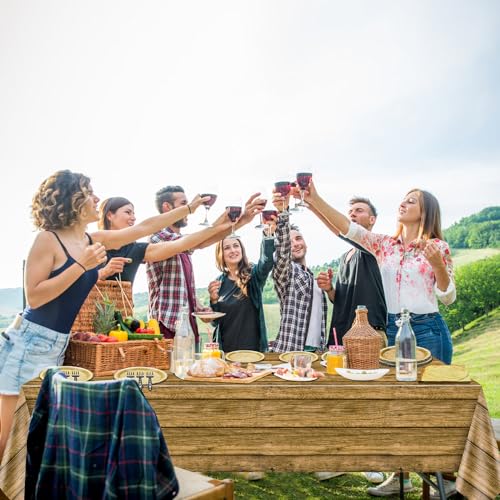 81Pcs Wood Party Decorations - Wood Paper Plates and Napkin Sets, Wood Grain Tablecloth for Lumberjack Rustic Party Decorations Woodland Decorations PTECDROTS