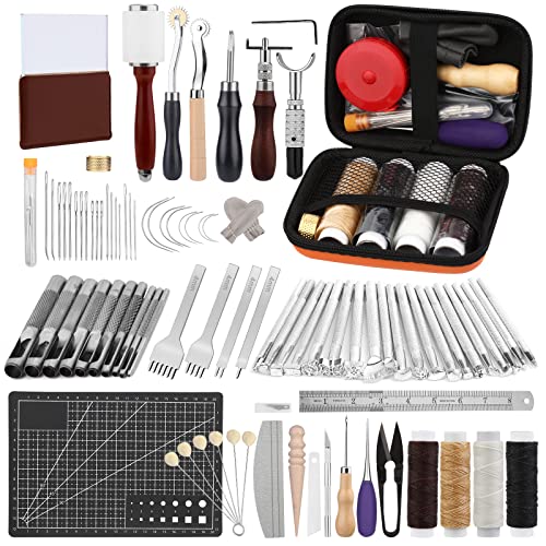 Leather Crafting Tools and Supplies, Leather Tooling Kit with Prong Punch Groovers Cutting Mat Stamping Tools Leather Working Kit for Beginners