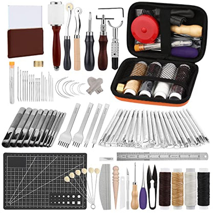 Leather Crafting Tools and Supplies, Leather Tooling Kit with Prong Punch Groovers Cutting Mat Stamping Tools Leather Working Kit for Beginners