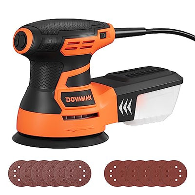 DOVAMAN ROS01A Orbital Sander, 3A Random Orbit Sander, 6 Variable Speeds, Up to 13000 rpm, 12pcs Sandpapers, 5in Sanding Pad, Dust Collection,