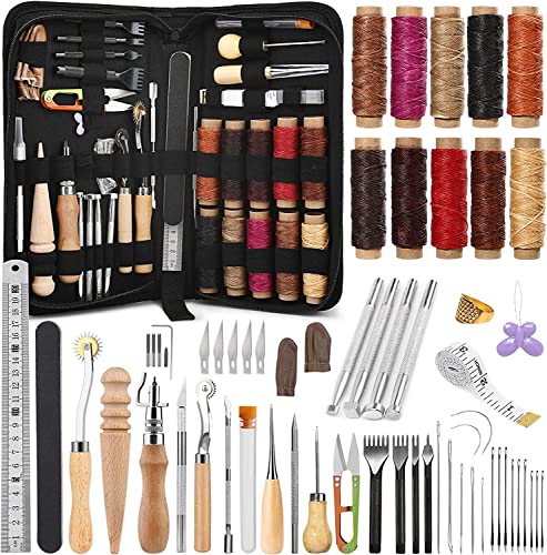 60 Pcs Leather Working Tools Leather Sewing Kit Leather Craft Tools with Storage Bag Stamping Tools Stitching Groover Waxed Thread Prong Punch for JUPEAN