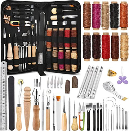 60 Pcs Leather Working Tools Leather Sewing Kit Leather Craft Tools with Storage Bag Stamping Tools Stitching Groover Waxed Thread Prong Punch for