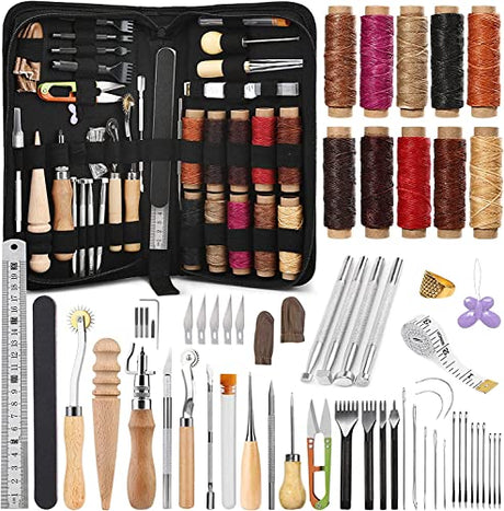 60 Pcs Leather Working Tools Leather Sewing Kit Leather Craft Tools with Storage Bag Stamping Tools Stitching Groover Waxed Thread Prong Punch for JUPEAN