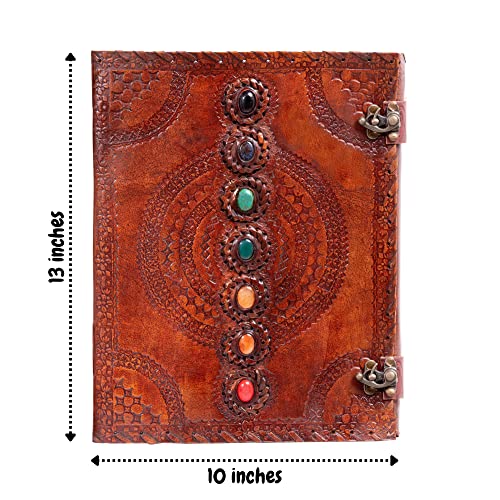 Hell Blues Leather Unlined Bound Journal 13 x 10 inches Large Rustic Diary Seven Chakra Medieval 7-Stone Embossed Handmade Sketchbook Vintage Writing Hell Blues