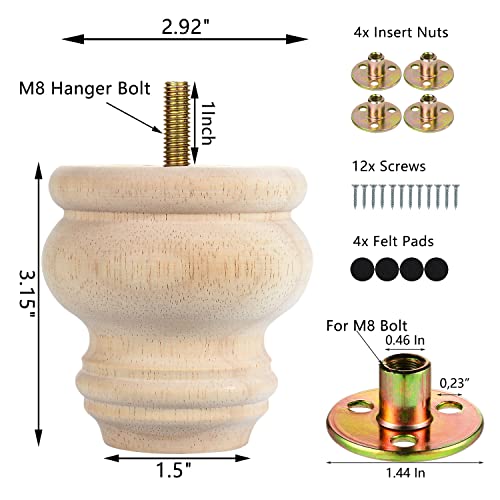 Michanco 3 Inch Unfinished Bun Feet Set of 4 Wood Furniture Legs Replacement Wooden Legs for Sofa Couch Cabinet Ottoman - WoodArtSupply