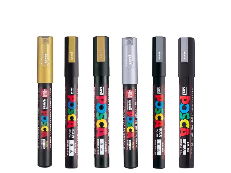 Posco Marker Sanetomo Posca Marker Acrylic Paint Pens Gold & Silver 2 Color Set Of 6 Pens PC-1M/PC-3M/PC-5M (Tip width 0.7mm/0.9～1.3mm/1.8〜2.5mm) - WoodArtSupply