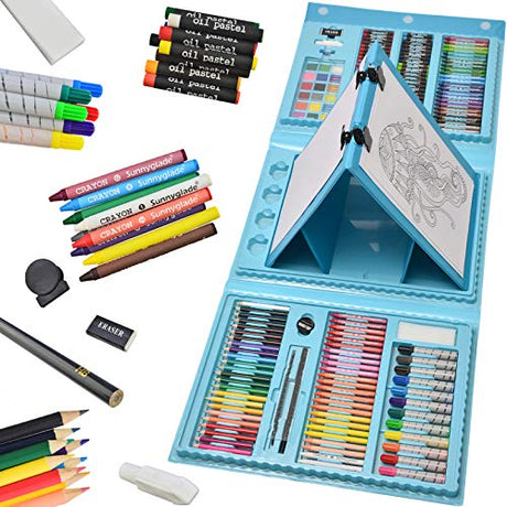 Sunnyglade 185 Pieces Double Sided Trifold Easel Art Set, Drawing Art Box with Oil Pastels, Crayons, Colored Pencils, Markers, Paint Brush, Sunnyglade