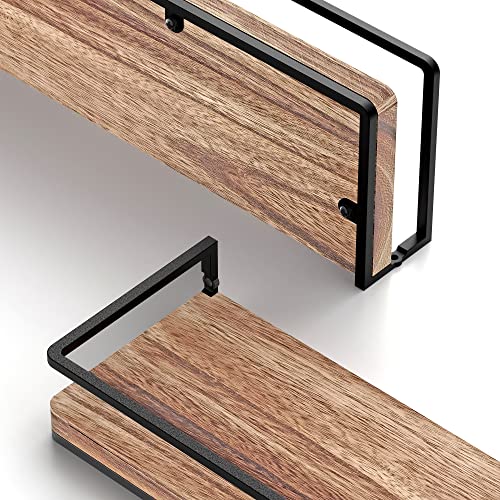 Meangood Floating Shelves Wall Mounted Set of 2, Rustic Wood Wall Storage Shelves for Bedroom,Living Room,Bathroom, Kitchen Torched Wood Meangood