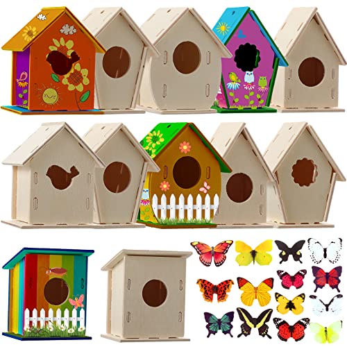 Kisston 96 Pcs Wooden Bird House Kits for Kids Christmas Crafts Bird House for Children to Build DIY Birdhouse in 6 Shapes and Stereoscopic Butterfly - WoodArtSupply