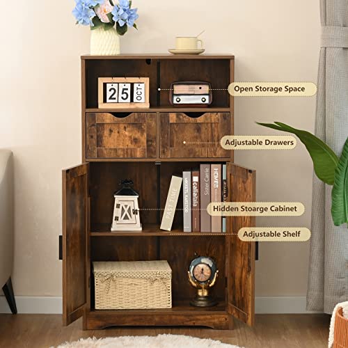 Iwell Storage Cabinet with 2 Drawers & Adjustable Shelves, Farmhouse Kitchen Storage Cabinet with Door, Cupboard, Floor Cabinet for Living Room,