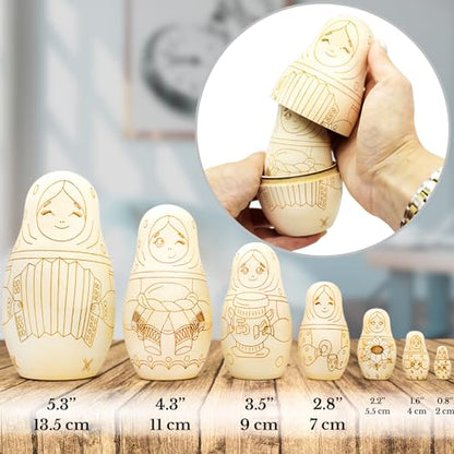 AEVVV Paint Your Own Matryoshka Doll Set 7 pcs - Blank Nesting Dolls for Coloring - Unpainted Russian Nesting Dolls - Unfinished Wood Crafts DIY