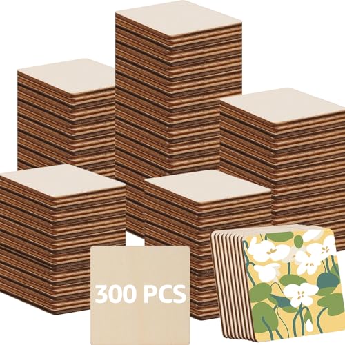 Oungy 300 PCS Unfinished Wood Pieces 2 x 2 Inch Blank Natural Wood Squares with Round Corner Wooden Square Cutouts for Crafts Painting Carving