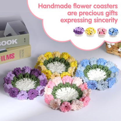 Crochet Kit for Beginners-4PCS Coaster Flower Pot Crochet Kits Coaster Crochet Starter Kit with Crochet Yarns ,Hooks, Easy Videos Tutorials to