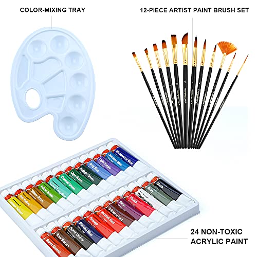 TRANSON Acrylic Paint Set 24-color with 12 Paint Brushes and Palette Non-toxic for Canvas Craft Rock Art Painting