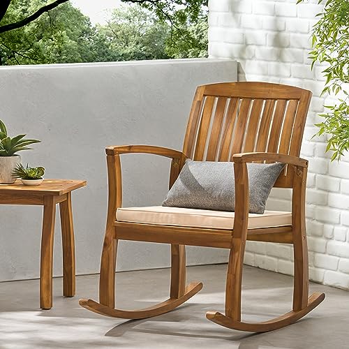 Christopher Knight Home Selma Acacia Rocking Chair with Cushion, Teak Finish - WoodArtSupply