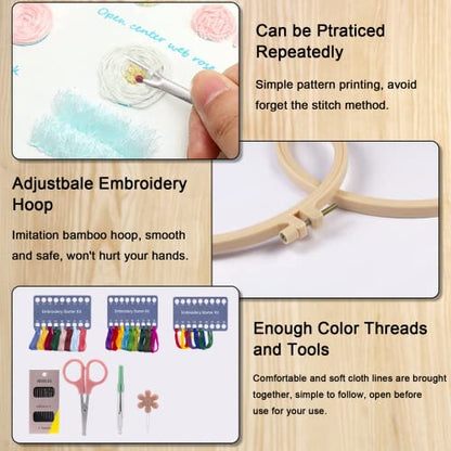 Embroidery Kit Beginners Embroidery Stitch Practice kit, chfine 3 Sets Hand Embroidery Starter Kit with 1 Hoop Learn 25 Different Stitches for Craft