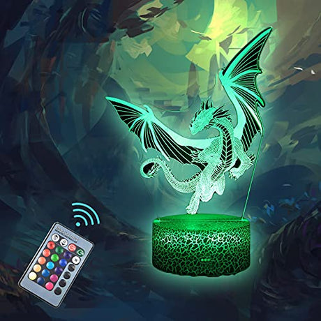 Dragon 3D Illusion LED Table Decor Lamp Night Light with Greeting Card, 16 Colors Change, Remote Control Bedroom Decorations Gifts for Fathers Marzius