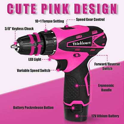 Pink Drill Set for Women, 137 Piece Hand and Power Tool Set with 12V Cordless Drill, Home Tool Kit for DIY, Necessities for Daily Decoration and