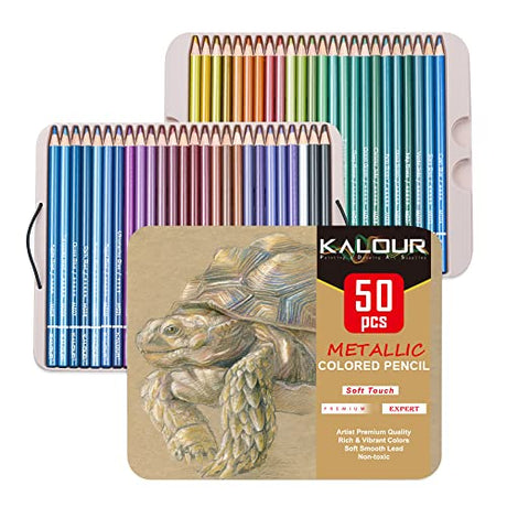 KALOUR 50 Piece Metallic Colored Pencils, Soft Core with Vibrant Color,Ideal for Drawing, Blending, Sketching, Shading, Coloring for Adults Kids KALOUR