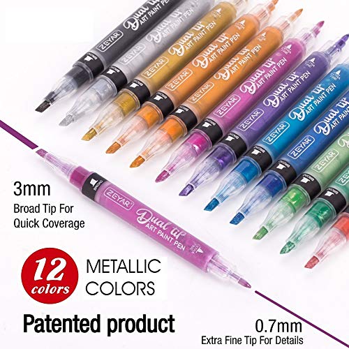 ZEYAR Dual Tip Acrylic Paint Pens 12 Metallic Colors, Board and Extra Fine Tips, Patented product, Water Based Acrylic & Waterproof Ink (12 Metallic ZEYAR