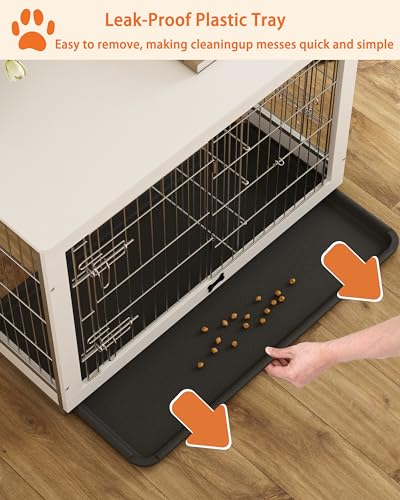 Piskyet Wooden Dog Crate Furniture with Divider Panel, Dog Crate End Table with Fixable Slide Tray, Double Doors Dog Kennel Indoor for Large Piskyet