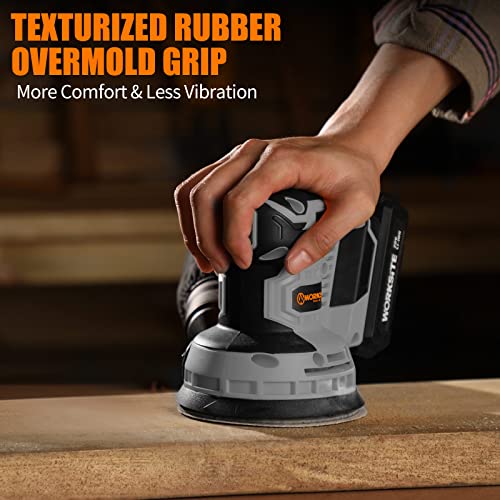 WORKSITE 20V MAX Cordless Random Orbital Sander, 5-Inch Variable Speed Orbital Hand Sander w/2.0A Battery, Charger,Dust Collector and 30pcs Sanding