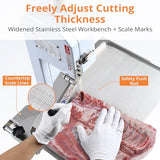 GARVEE Meat Saw for Butchering, 550W Bone Saw Machine, 0.39～5.7 Inches Cutting Thickness with 6 Saw Blades, Meat Bandsaw Butchering with Workbench GARVEE