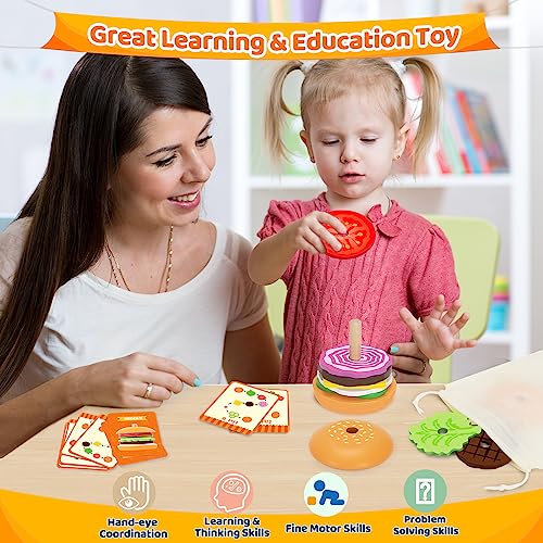 Jumlys Montessori Toys for 2, 3, 4, 5, Year Old, Wooden Burger Stacking Toys, Fine Motor Toys for Kids Boys Girls, Ideal Preschool Educational and Jumlys