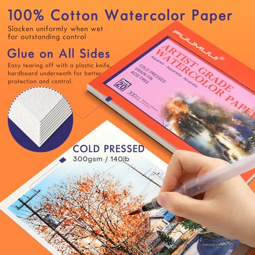 Fuumuui 100% Cotton Watercolor Paper - 20 Sheets 9 x 12 Cold Pressed  Watercolor Paper Pad - 140LB/300GSM Art Paper for Watercolor Gouache Ink  and