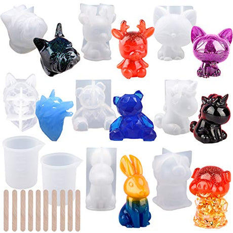 EuTengHao 20Pcs 3D Animal Resin Molds Tools Set Includes 8 Resin Casting Molds Large Clear Unicorn Epoxy Silicone Molds 2 Measurement Cup 10 Wood EuTengHao
