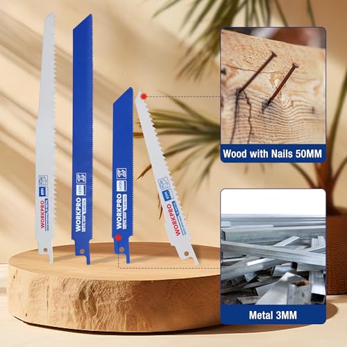 WORKPRO 10-Piece Reciprocating Saw Blade Set, BIM Saw Blades for Metal/Nailed Wood Cutting, Organizer Case Included WORKPRO