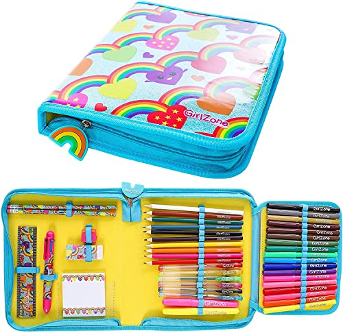 GirlZone Rainbow Jumbo Arts and Crafts Filled Stationery Pencil Case for Girls, Great Gift for Girls - WoodArtSupply