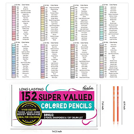 feela 152 Colored Pencils with Pencil Sharpener Premium Soft Core Colors Pencils Set for Adult Coloring Books feela
