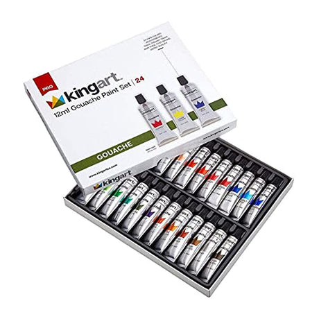 KINGART 534-24 PRO GOUACHE Paint Set, Set of 24 Unique Colors, 12ml Tubes, Non-toxic, water-based paints KINGART