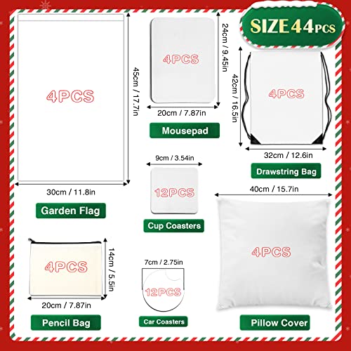 44Pcs Sublimation Blanks Products, DIY Sublimation Blanks Bulk with Car Coaster, Mouse Pad, Pillow Covers, Garden Flag, Makeup Bag, Drawstring Bag NEOACT
