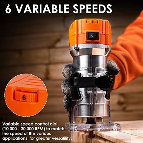 THINKWORK Compact Router, 6.5-Amp 1.25 HP Compact Wood Palm Router Tool, 6 Variable Speeds Wood Trimmer with 15 Pieces 1/4" Router Bits Set, - WoodArtSupply