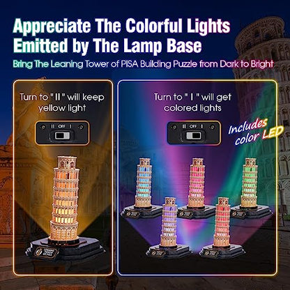 CubicFun 3D Puzzle LED Leaning Tower of Pisa with Colorful Lights 3D Puzzles for Adults Model Kits Italian Building Crafts for Adults Brain Teaser - WoodArtSupply