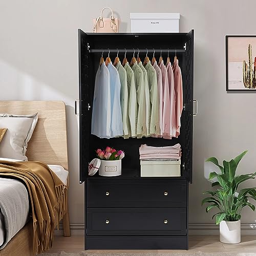 LEVNARY Armoire Wardrobe Closet with 2 Woven Doors, Wardrobe Cabinet with 2 Storage Drawers and Hanging Rail, Freestanding Wooden Closet for Bedroom LEVNARY
