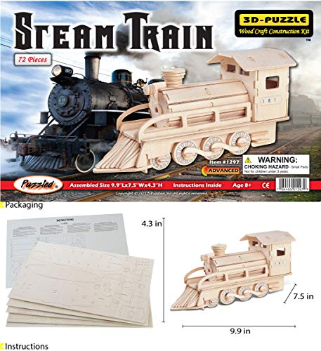 Puzzled 3D Puzzle Steam Train Wood Craft Construction Model Kit, Fun Unique & Educational DIY Wooden Toy Assemble Unfinished Craft Hobby Classic Puzzled