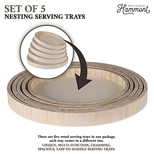 Wooden Round Trays for Serving - Five Piece Nested Breakfast Tray - Wood Crafts Trays for Organizing | Bathroom Tray - Food Trays for Party Buffet Hammont