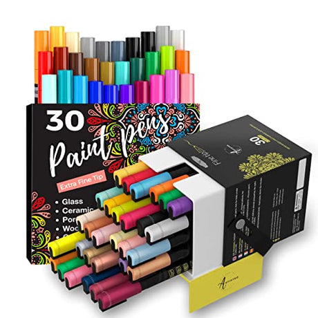 ARTISTRO 30 Acrylic Paint Pens Extra Fine Tip and 30 Acrylic Paint Markers Fine Tip, Bundle for Rock, Stone, Ceramic, Glass, Mugs, Wood, Metal, ARTISTRO