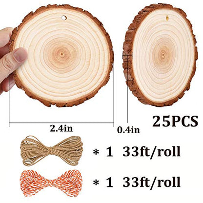 Natural Wood Slices for Christmas Ornaments, 25Pcs DIY Unfinished Wooden Craft Kit Predrilled with Hole Wooden Circles Tree Slices for Christmas Tree