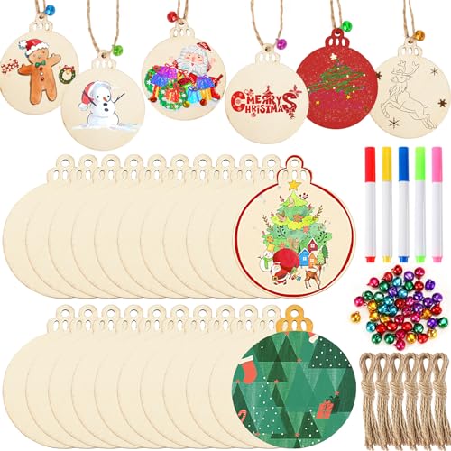 50pcs Christmas Round Wooden Ornaments DIY Unfinished Wood Slices Predrilled Wood Round Circles Blank Discs Hanging Festive Craft Decoration