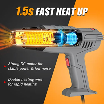 DIAFIELD 1850W Heat Gun Variable Temperature Settings 112℉~1202℉（44℃- 650℃), Fast Heat Hot Air Gun, Durable & Overload Protection, with 4 Nozzels for