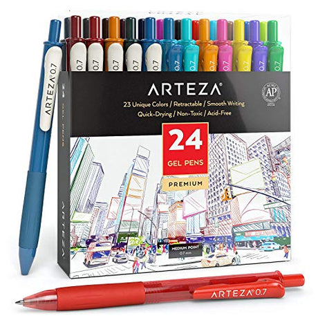 ARTEZA Colored Gel Pens, Pack of 24, 10 Vintage and 14 Vibrant Colors, Fine 0.7 mm Tip, Retractable, Art Supplies for Journaling, Drawing, Doodling, ARTEZA