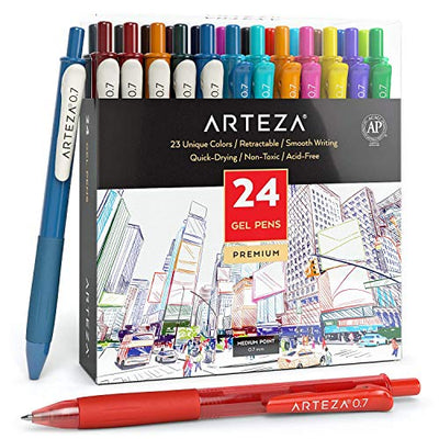 ARTEZA Colored Gel Pens, Pack of 24, 10 Vintage and 14 Vibrant Colors, Fine 0.7 mm Tip, Retractable, Art Supplies for Journaling, Drawing, Doodling,